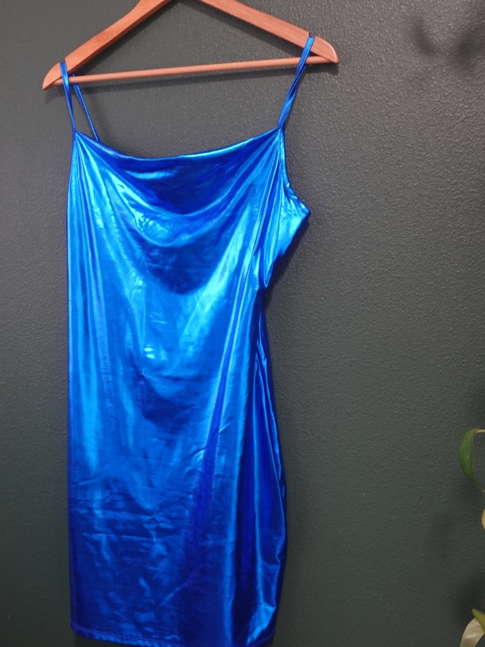 Cowl Neck Slip Dress Womens XL Blue Satin Y2K USA Sexy Straps